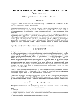 INFRARED WINDOWS in INDUSTRIAL APPLICATIONS I a Andres E