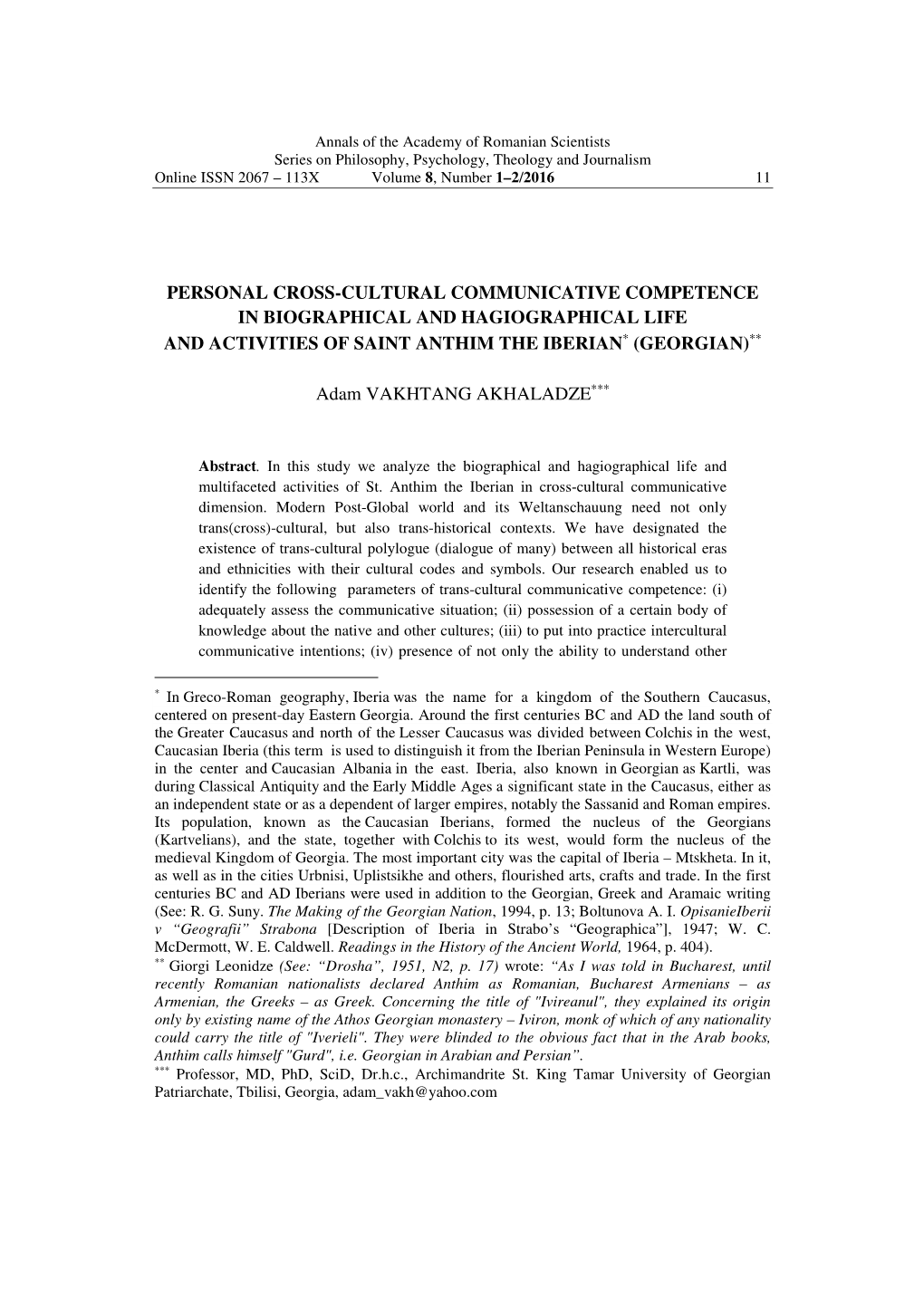 Personal Cross-Cultural Communicative Competence in Biographical and Hagiographical Life ∗ ∗∗ and Activities of Saint Anthim the Iberian (Georgian)