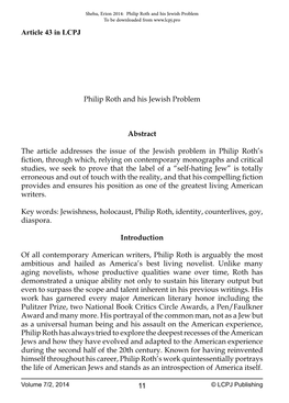 11 Article 43 in LCPJ Philip Roth and His Jewish Problem Abstract The