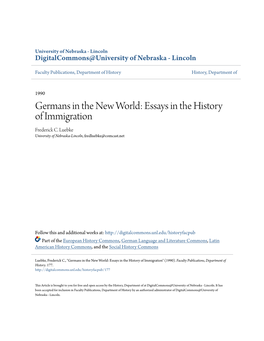 Germans in the New World: Essays in the History of Immigration Frederick C