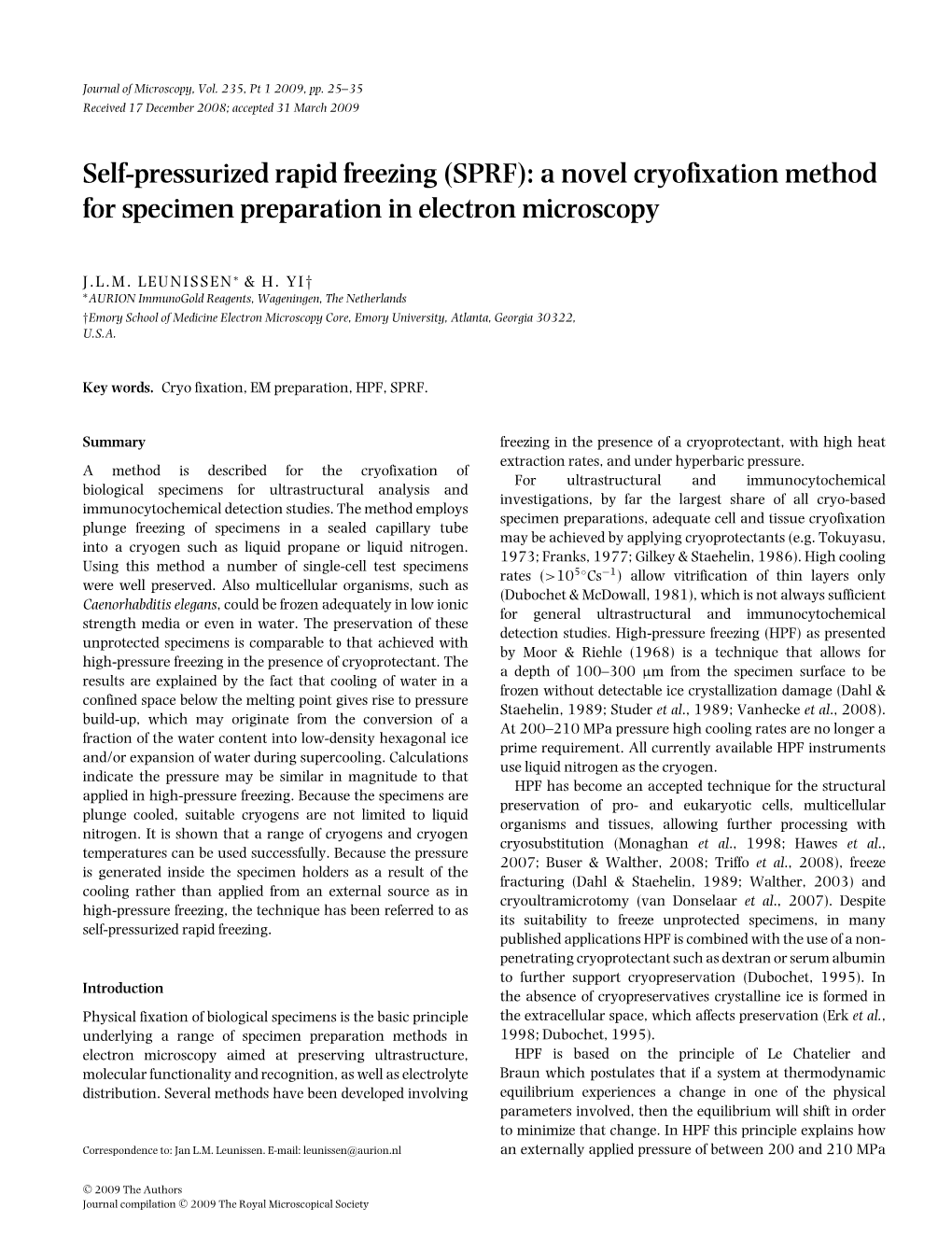 Self-Pressurized Rapid Freezing (SPRF): a Novel Cryofixation Method for Specimen Preparation in Electron Microscopy