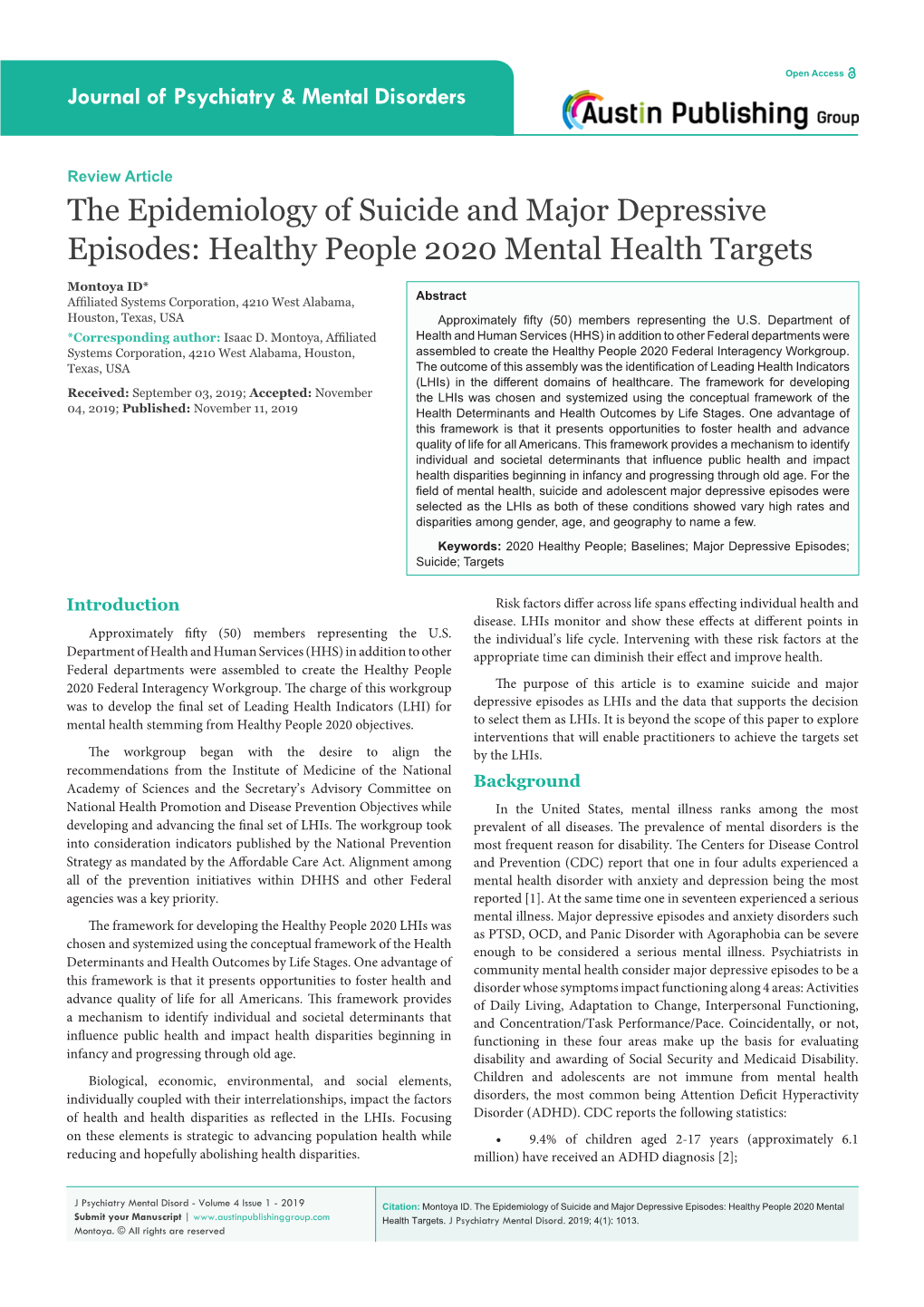 The Epidemiology of Suicide and Major Depressive Episodes: Healthy People 2020 Mental Health Targets