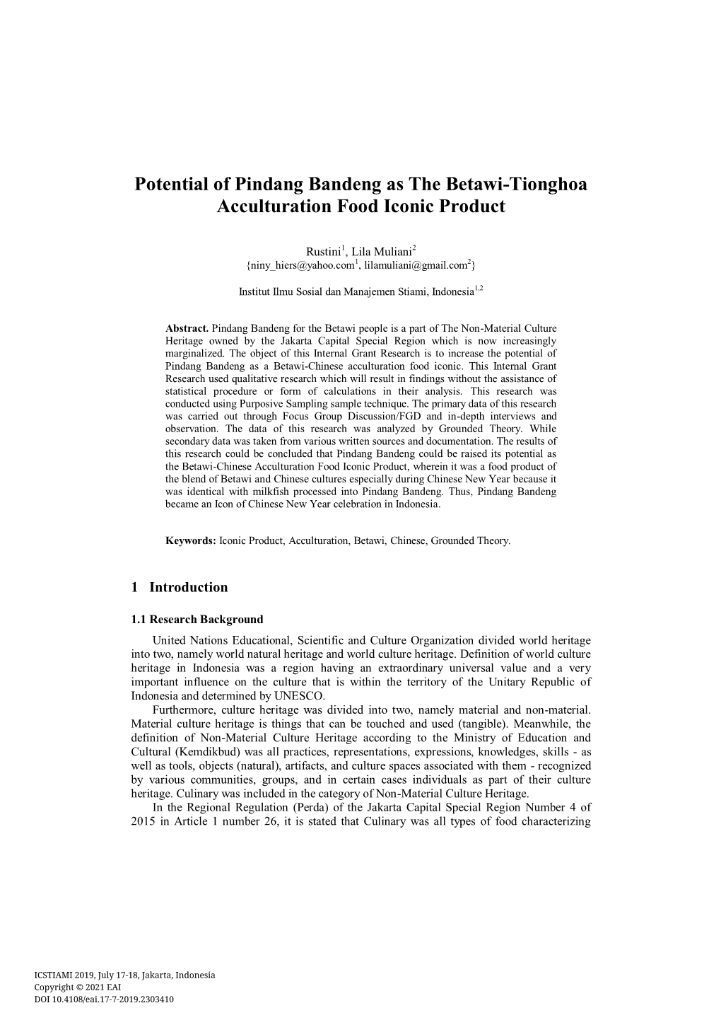 Potential of Pindang Bandeng As the Betawi-Tionghoa Acculturation Food Iconic Product