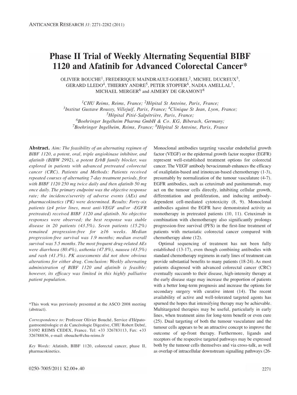 Phase II Trial of Weekly Alternating Sequential BIBF 1120 and Afatinib for Advanced Colorectal Cancer*