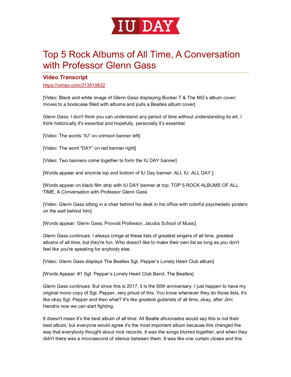 Top 5 Rock Albums of All Time, a Conversation with Professor Glenn Gass Video Transcript