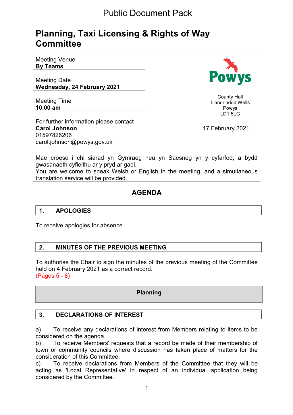 Planning, Taxi Licensing & Rights of Way Committee