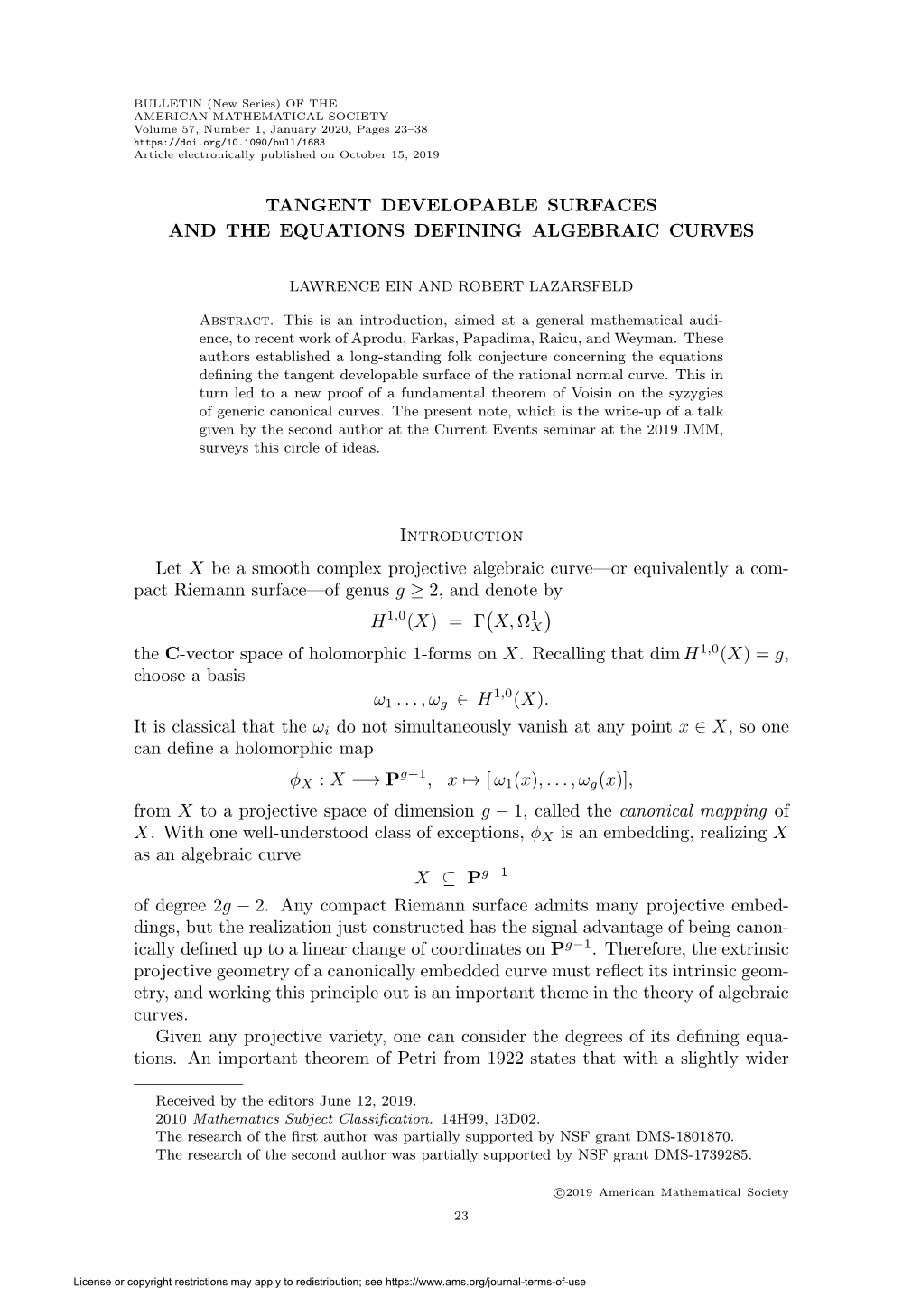 Tangent Developable Surfaces and the Equations Defining Algebraic Curves