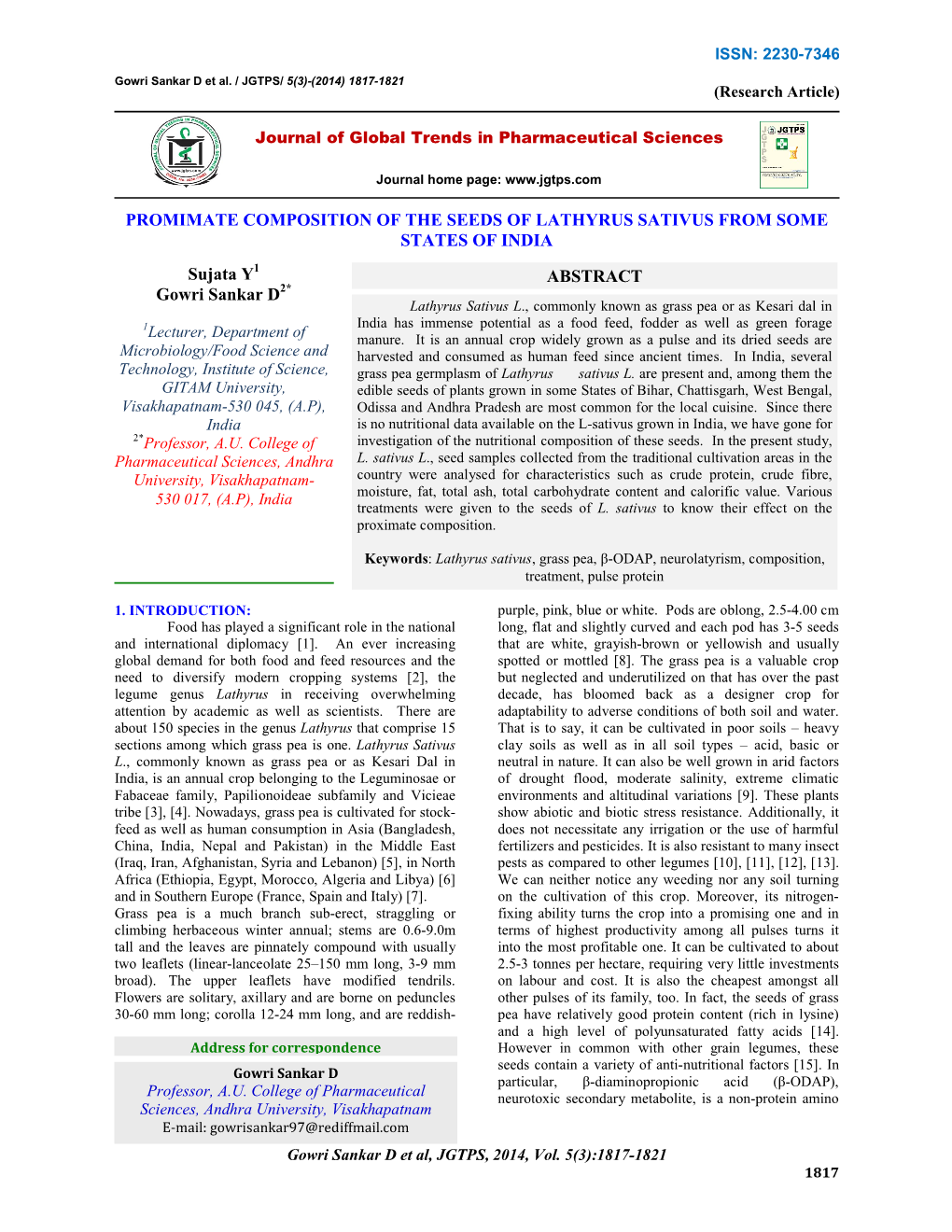 Promimate Composition of the Seeds of Lathyrus Sativus from Some States of India