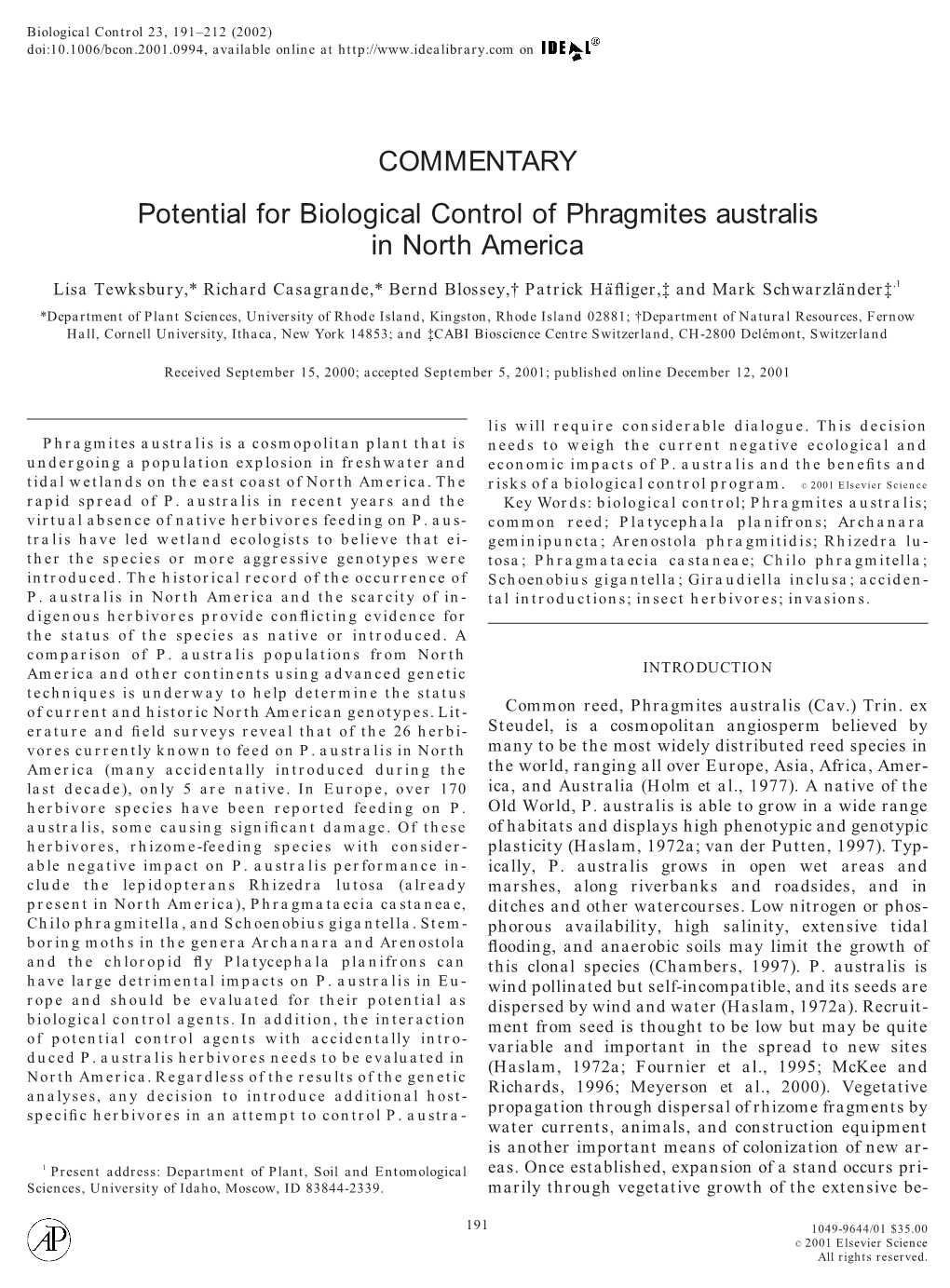 Potential for Biological Control of Phragmites Australis in North America