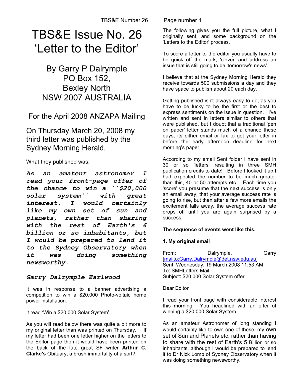 TBS&E Issue No. 26 'Letter to the Editor'