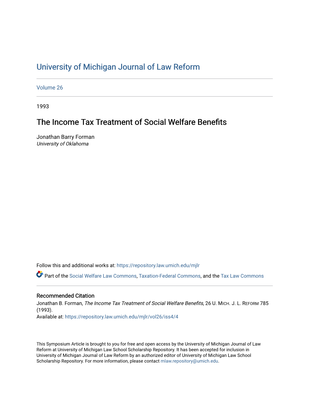 The Income Tax Treatment of Social Welfare Benefits