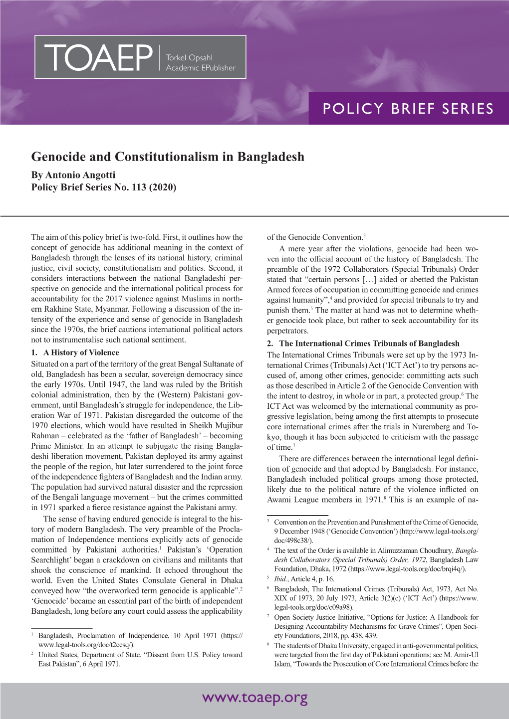 Genocide and Constitutionalism in Bangladesh by Antonio Angotti Policy Brief Series No