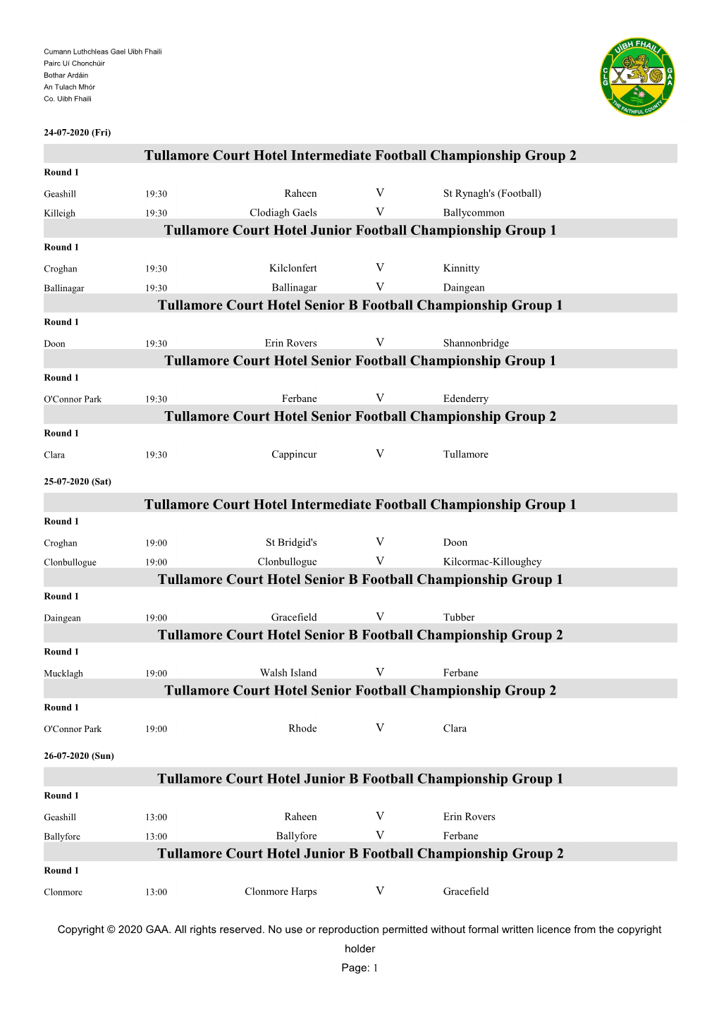 2020 Offaly GAA Adult Club Fixtures