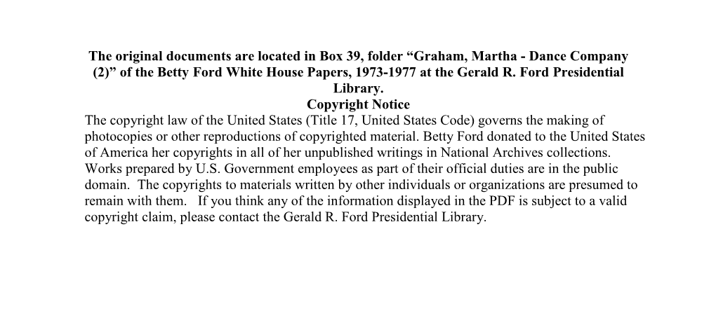 Graham, Martha - Dance Company (2)” of the Betty Ford White House Papers, 1973-1977 at the Gerald R