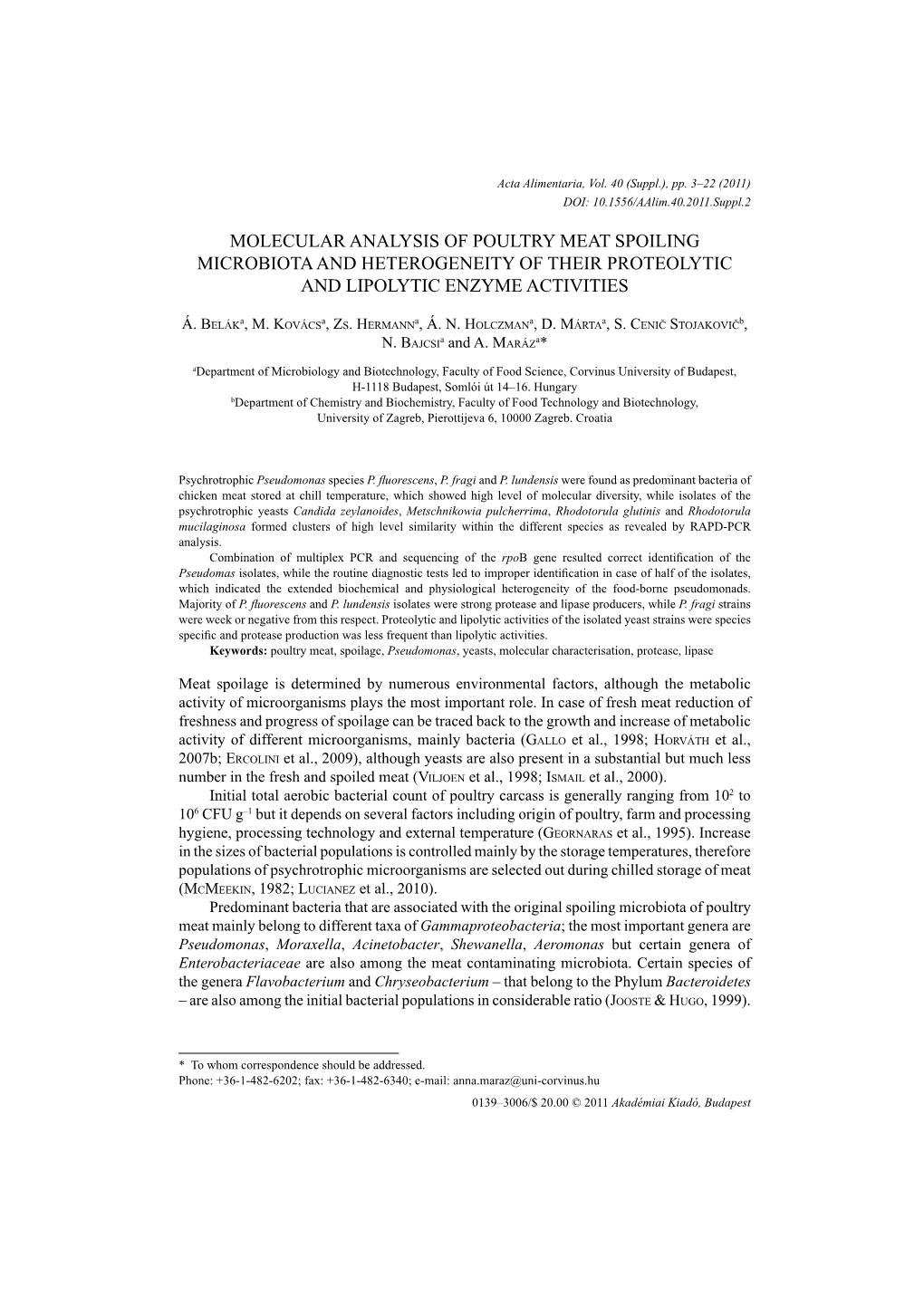 Molecular Analysis of Poultry Meat Spoiling Microbiota and Heterogeneity of Their Proteolytic and Lipolytic Enzyme Activities