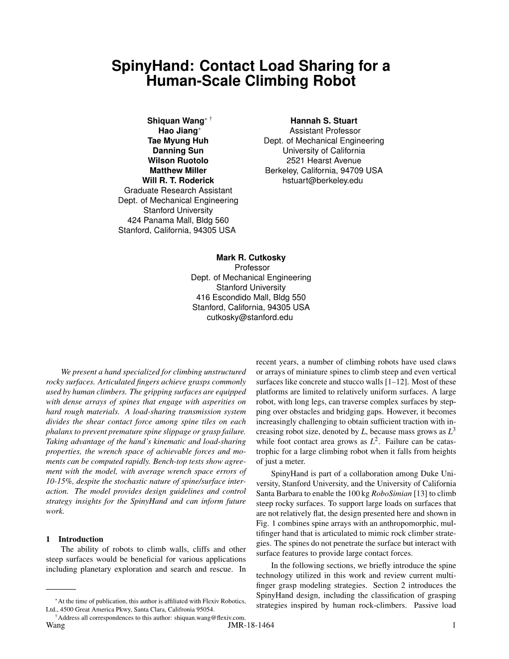 Spinyhand: Contact Load Sharing for a Human-Scale Climbing Robot