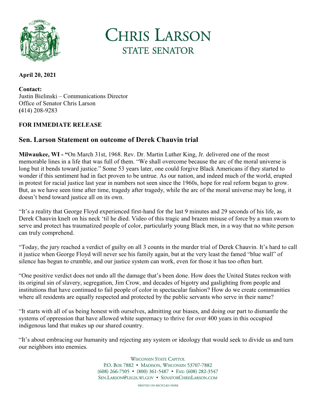 Sen. Larson Statement on Outcome of Derek Chauvin Trial