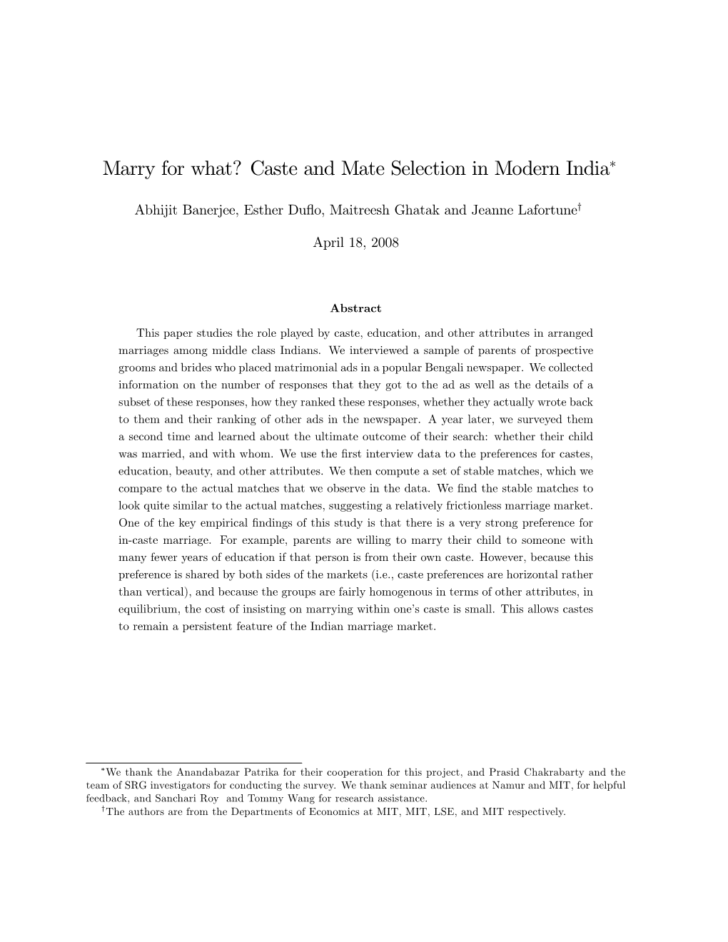 Marry for What? Caste and Mate Selection in Modern India