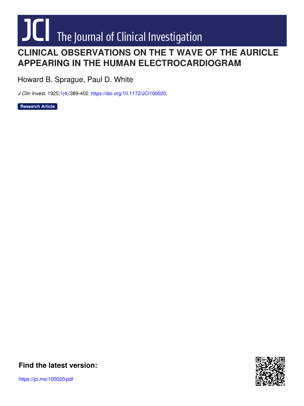 Clinical Observations on the T Wave of the Auricle Appearing in the Human Electrocardiogram