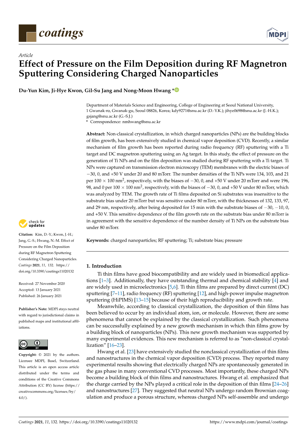 Effect of Pressure on the Film Deposition During RF Magnetron Sputtering Considering Charged Nanoparticles