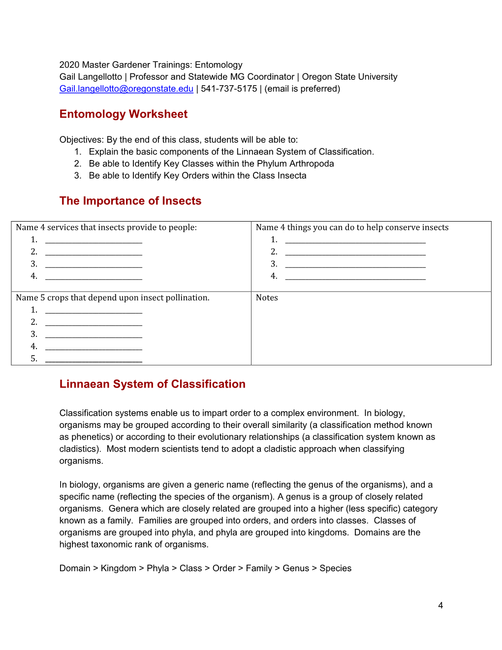 Entomology Worksheet the Importance of Insects Linnaean