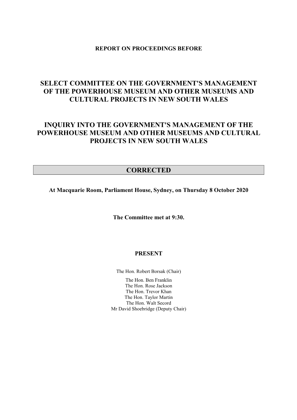 Select Committee on the Government's Management of the Powerhouse Museum and Other Museums and Cultural Projects in New South Wales