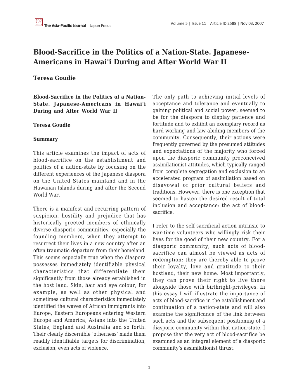 Blood-Sacrifice in the Politics of a Nation-State. Japanese- Americans in Hawai'i During and After World War II