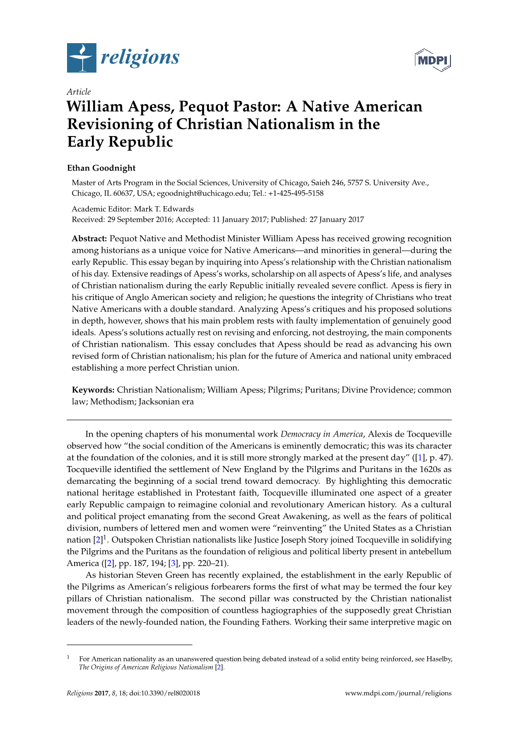 William Apess, Pequot Pastor: a Native American Revisioning of Christian Nationalism in the Early Republic