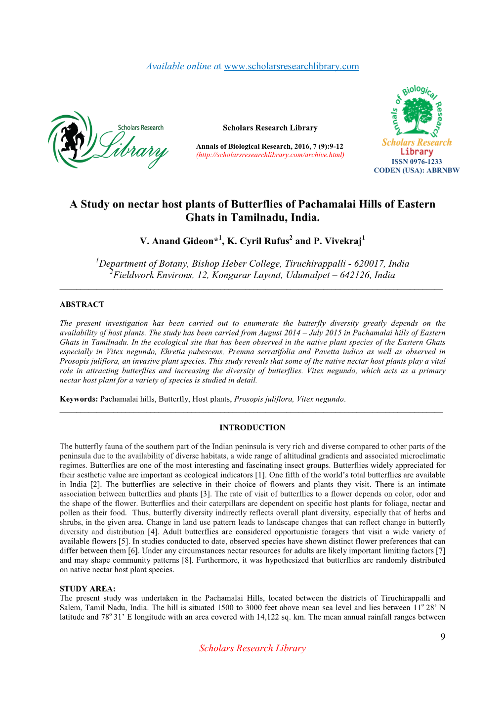 A Study on Nectar Host Plants of Butterflies of Pachamalai Hills of Eastern Ghats in Tamilnadu, India