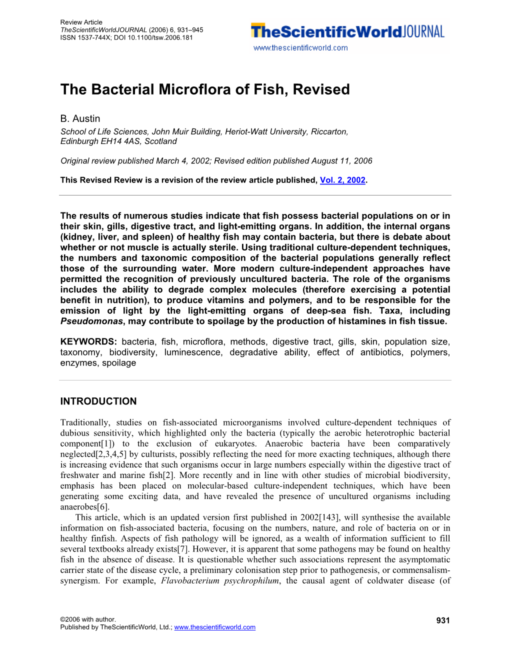 The Bacterial Microflora of Fish, Revised