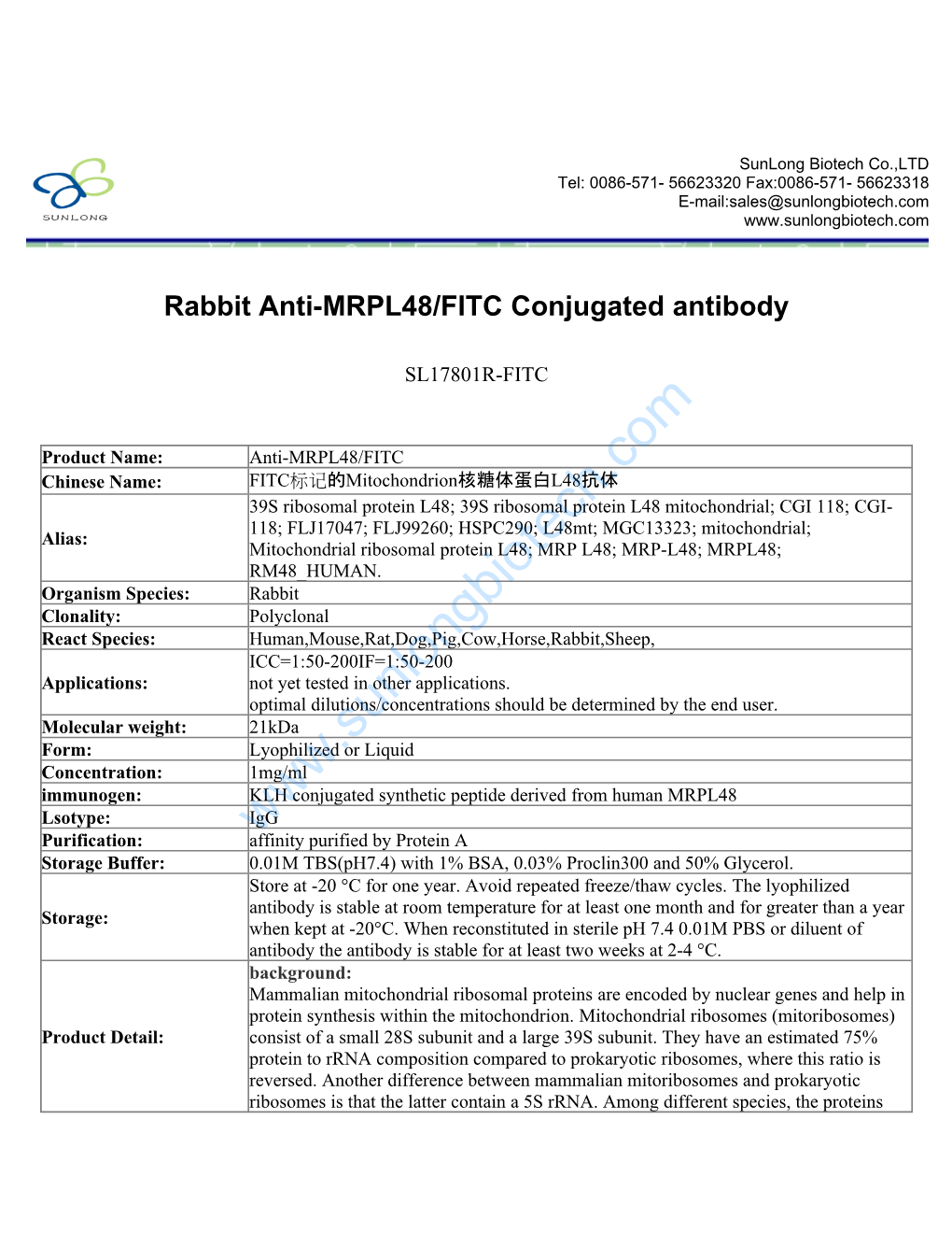 Rabbit Anti-MRPL48/FITC Conjugated Antibody-SL17801R-FITC