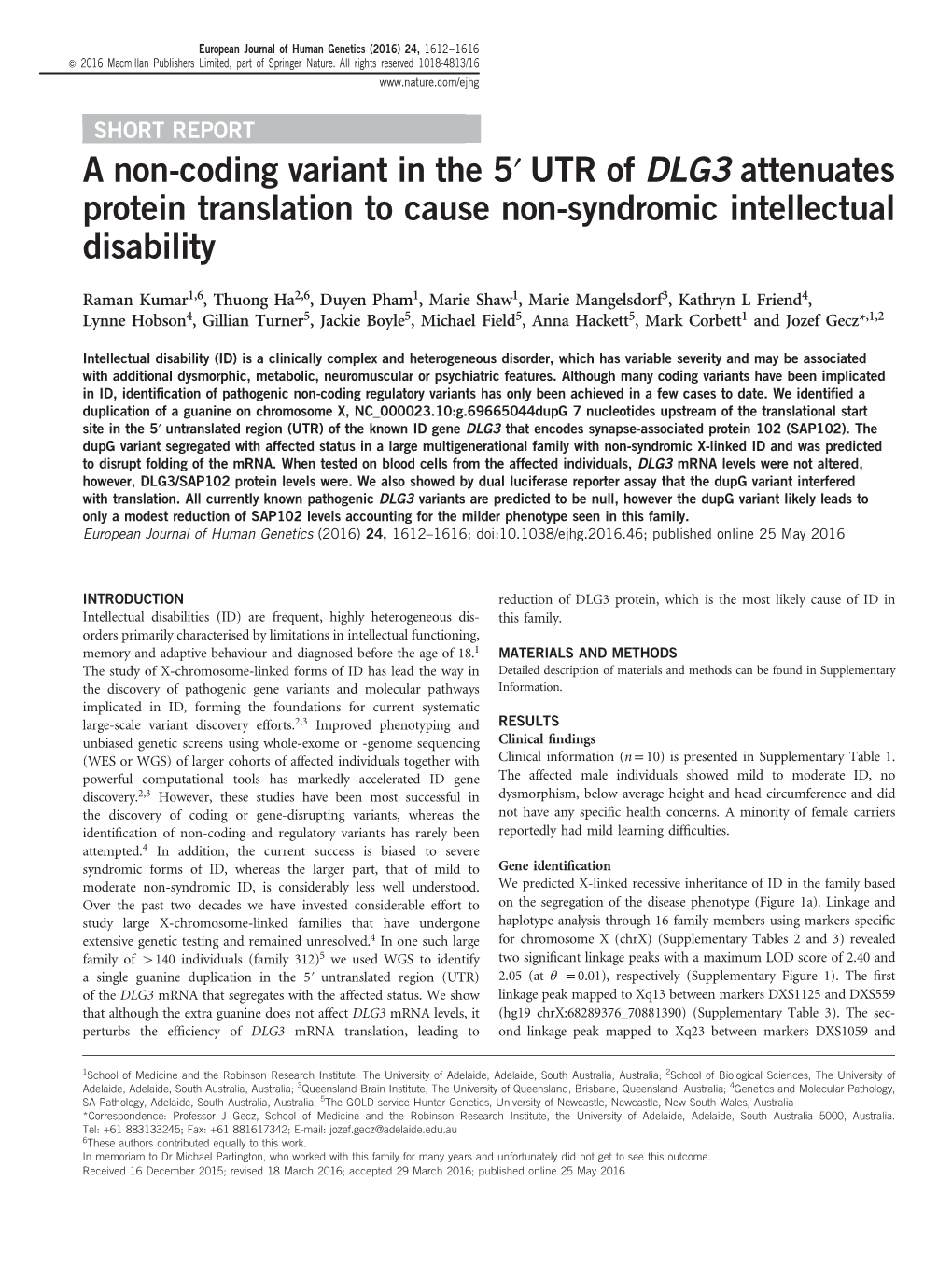 A Non-Coding Variant in the 5ʹ UTR of DLG3 Attenuates Protein Translation to Cause Non-Syndromic Intellectual Disability