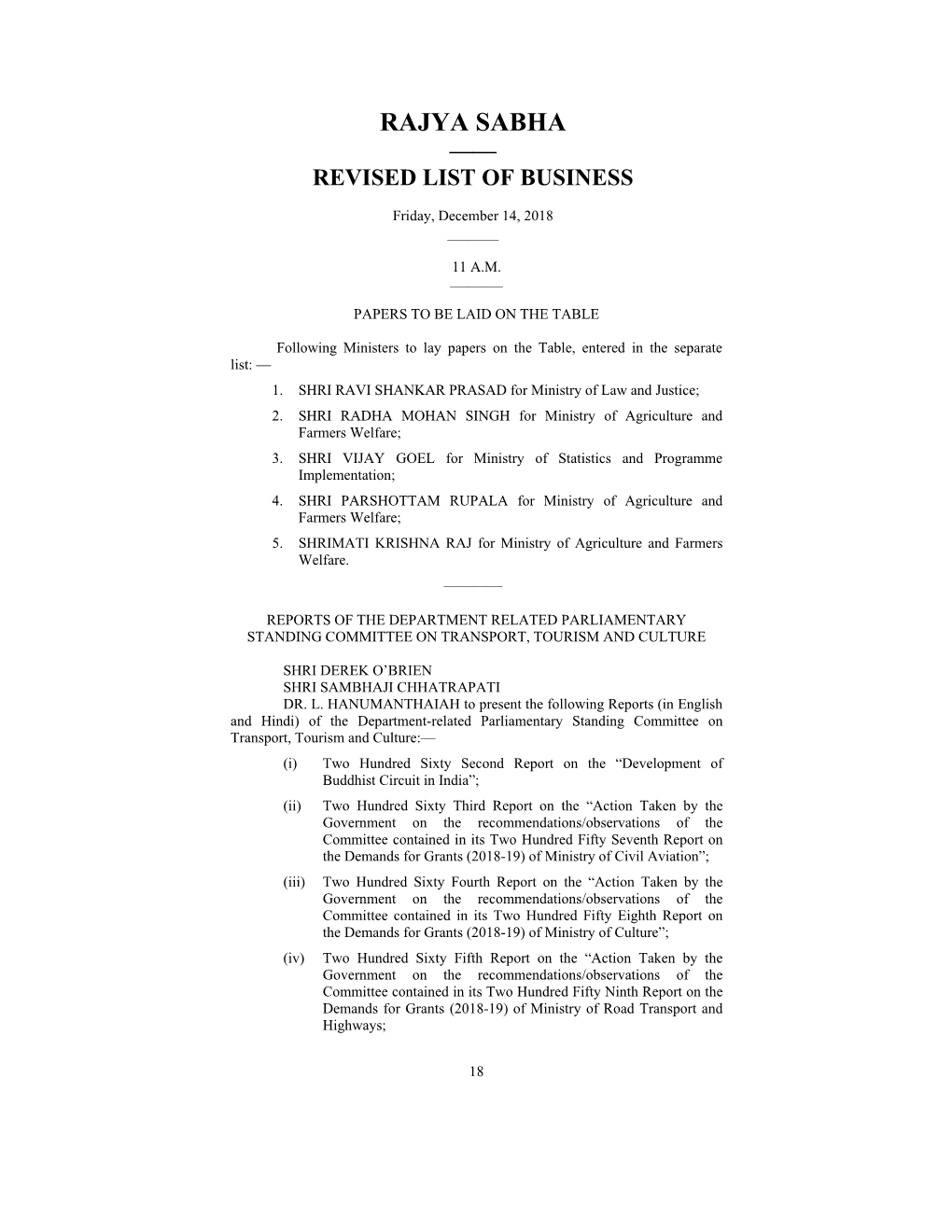 Rajya Sabha —— Revised List of Business