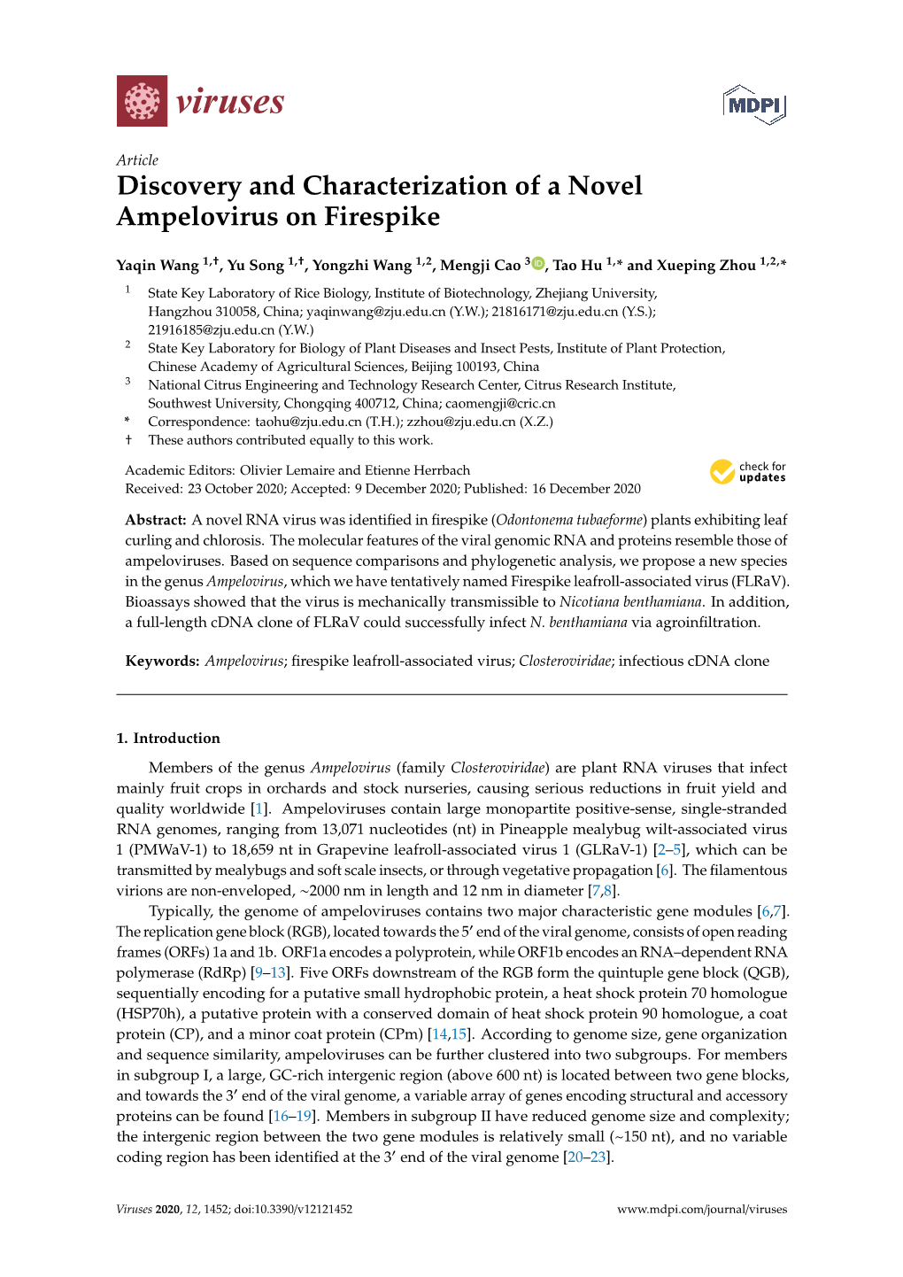 Discovery and Characterization of a Novel Ampelovirus on Firespike