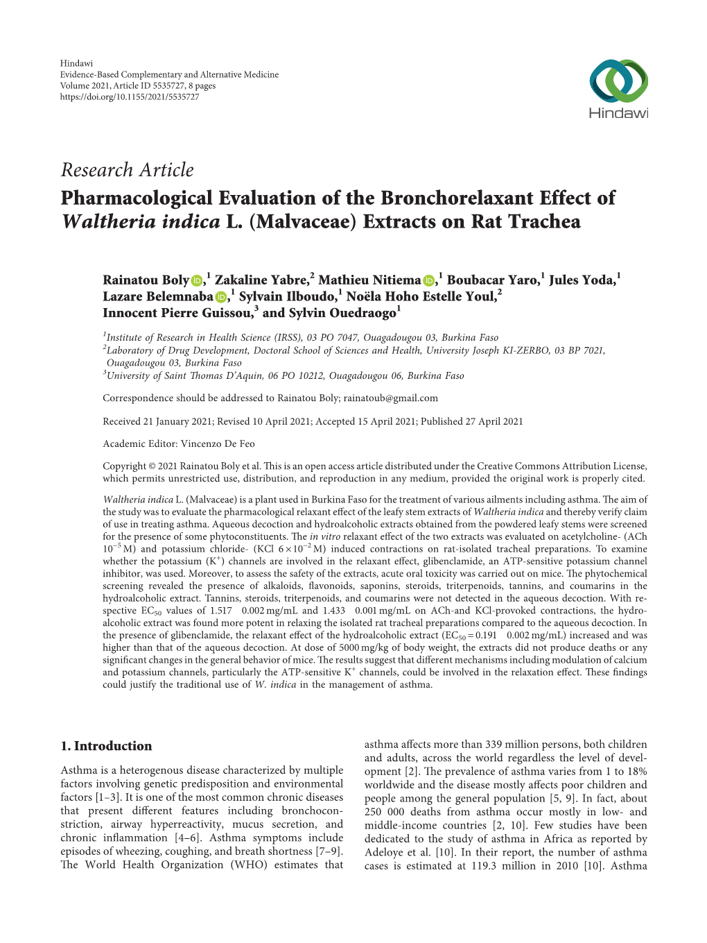 Pharmacological Evaluation of the Bronchorelaxant Effect of Waltheria Indica L