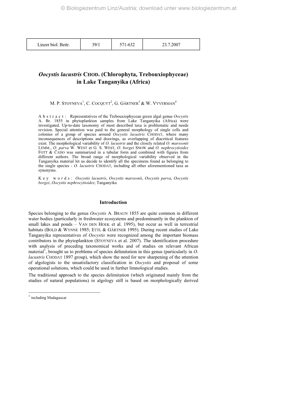 Oocystis Lacustris CHOD. (Chlorophyta, Trebouxiophyceae) in Lake Tanganyika (Africa)