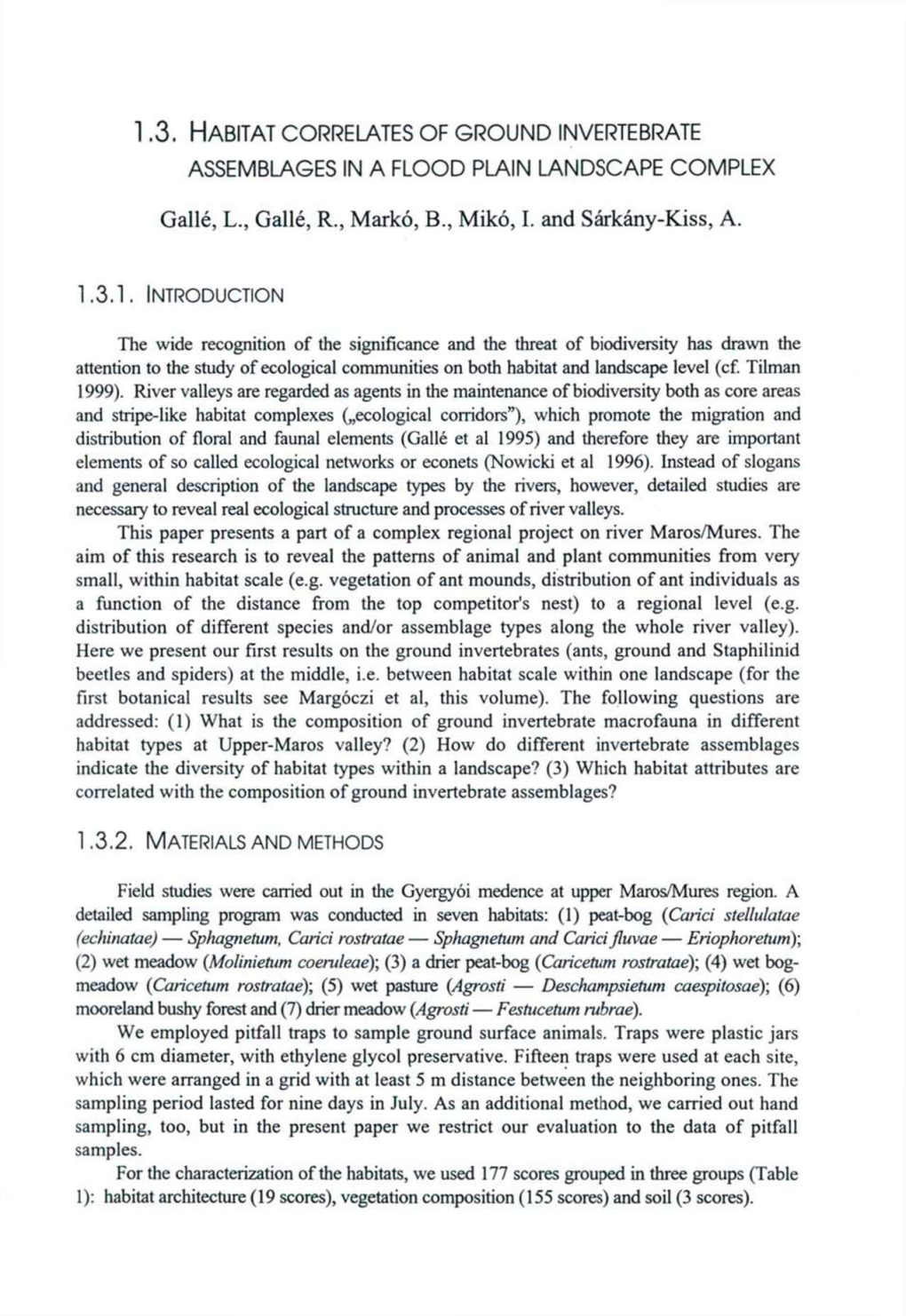 1.3. Habitat Correlates of Ground Invertebrate Assemblages in a Flood Plain Landscape Complex