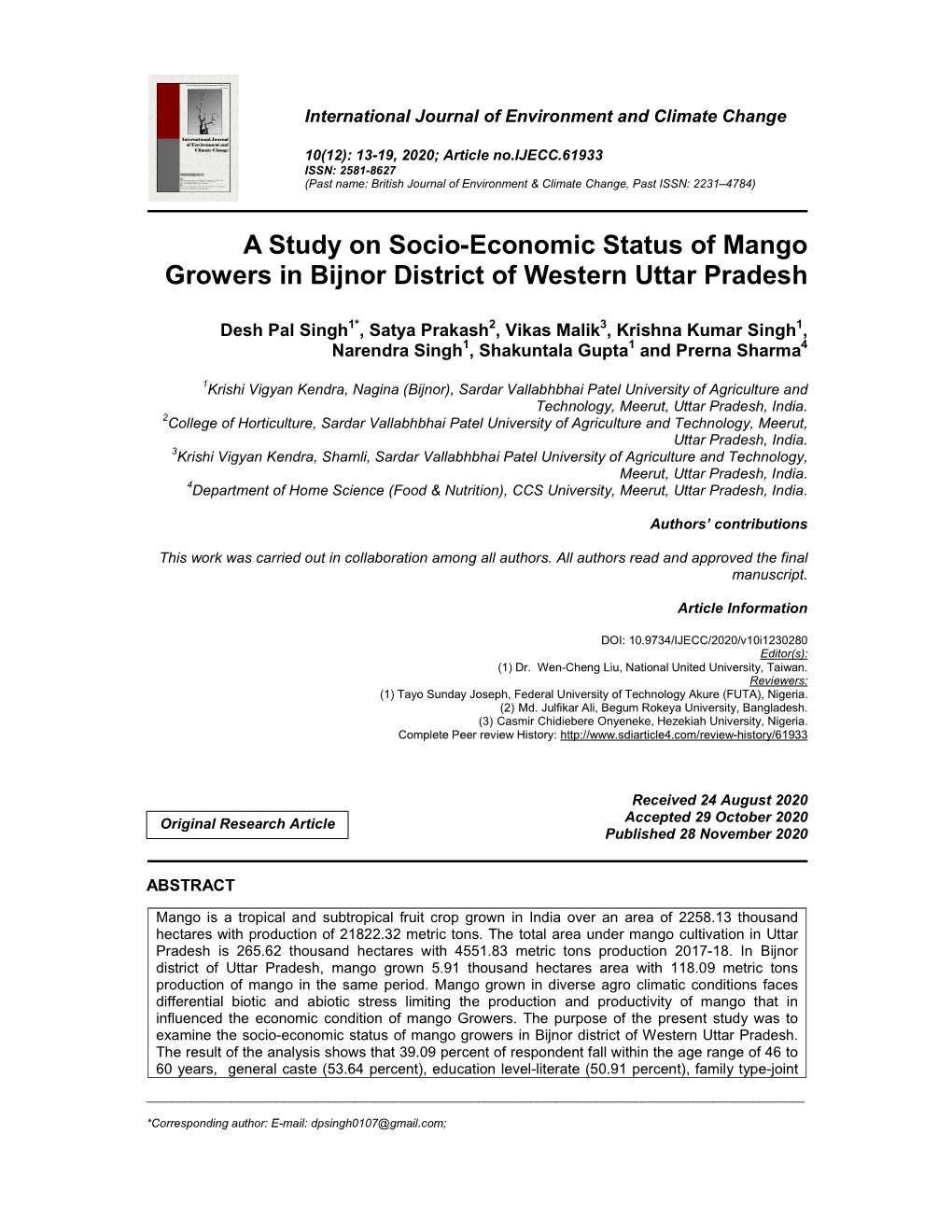 A Study on Socio-Economic Status of Mango Growers in Bijnor District of Western Uttar Pradesh