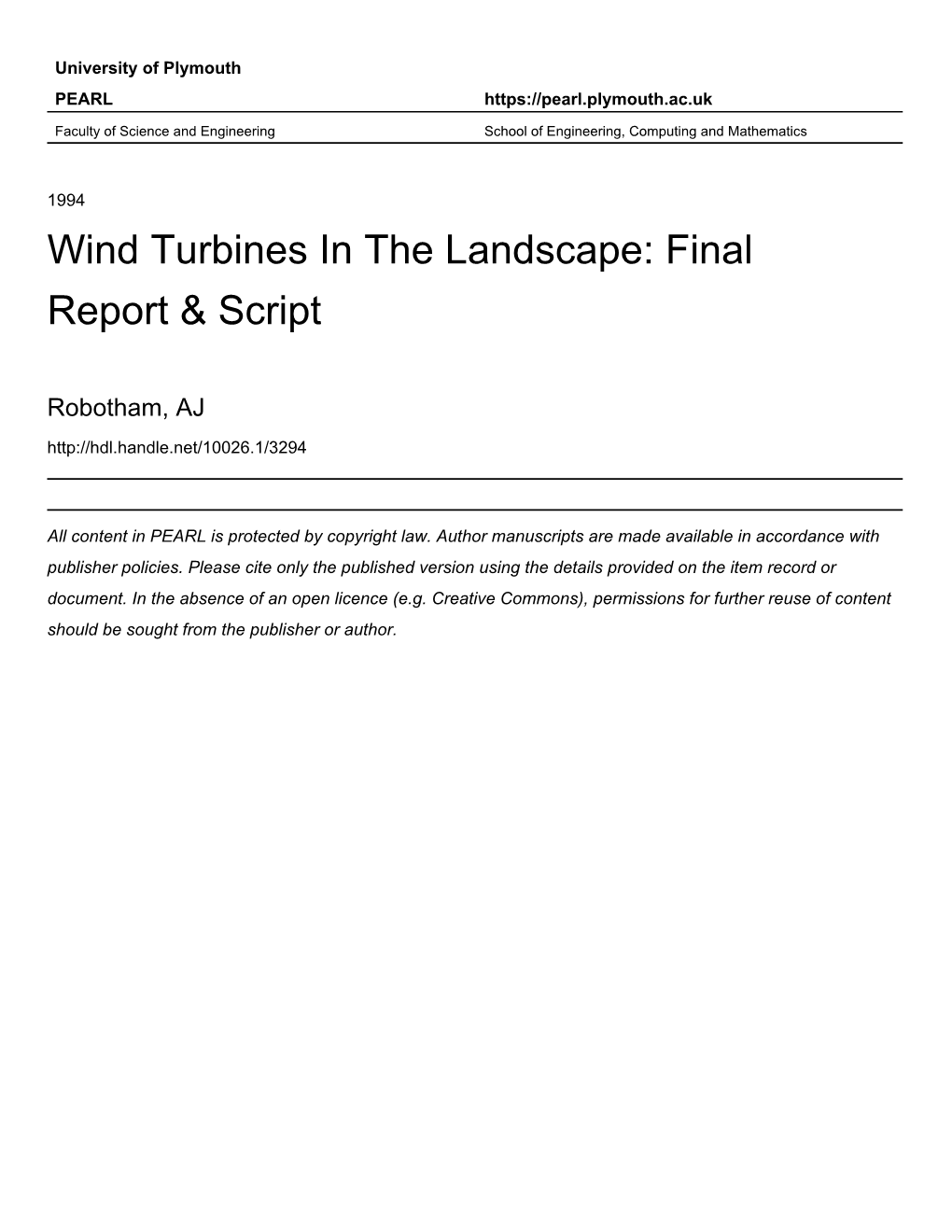 Wind Turbines in the Landscape: Final Report & Script