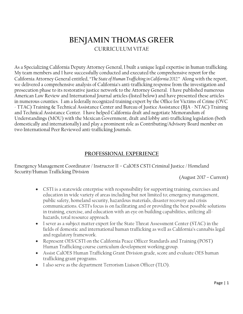 Benjamin Thomas Greer Curriculum Vitae