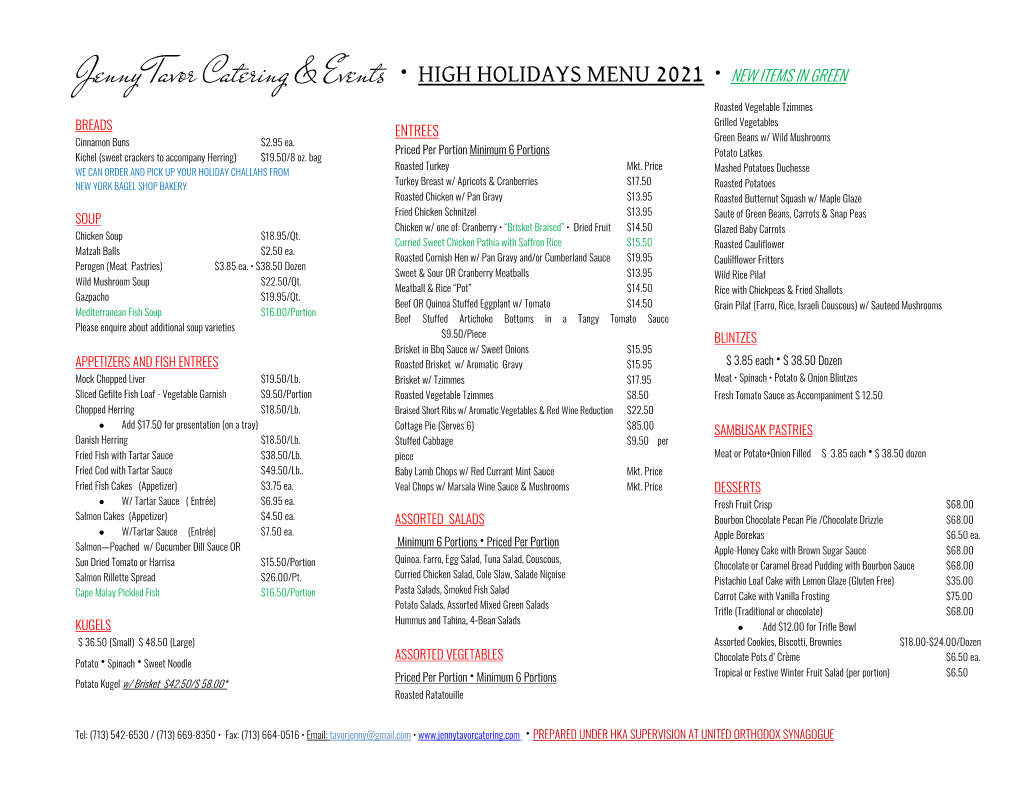 Jenny Tavor Catering & Events • HIGH HOLIDAYS MENU 2021 • NEW