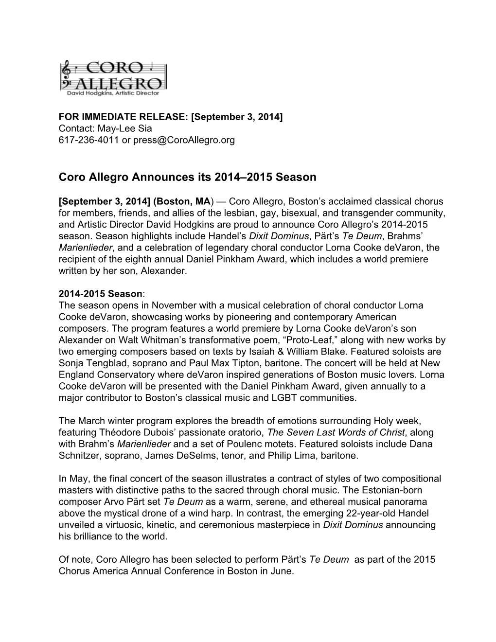 Coro Allegro Announces Its 2014–2015 Season