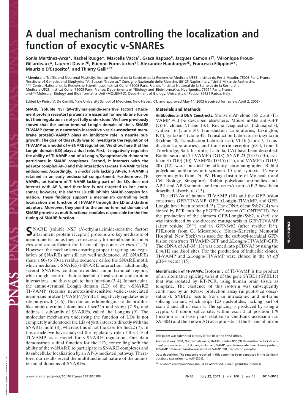 A Dual Mechanism Controlling the Localization and Function of Exocytic V-Snares