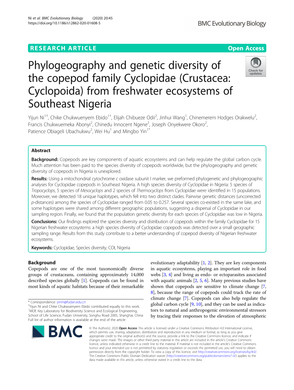 Phylogeography and Genetic Diversity of the Copepod Family Cyclopidae