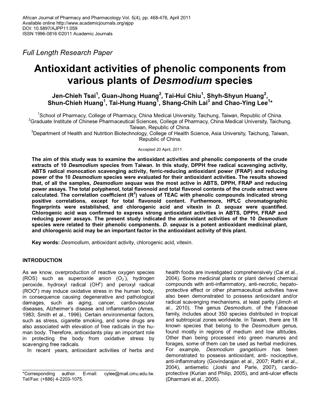 Antioxidant Activities of Phenolic Components from Various Plants of Desmodium Species