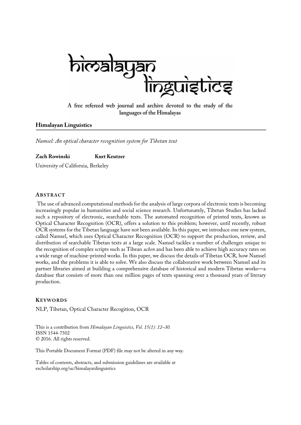 An Optical Character Recognition System for Tibetan Text