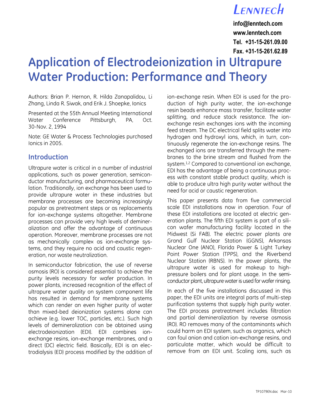 Application of Electrodeionization in Ultrapure Water Production