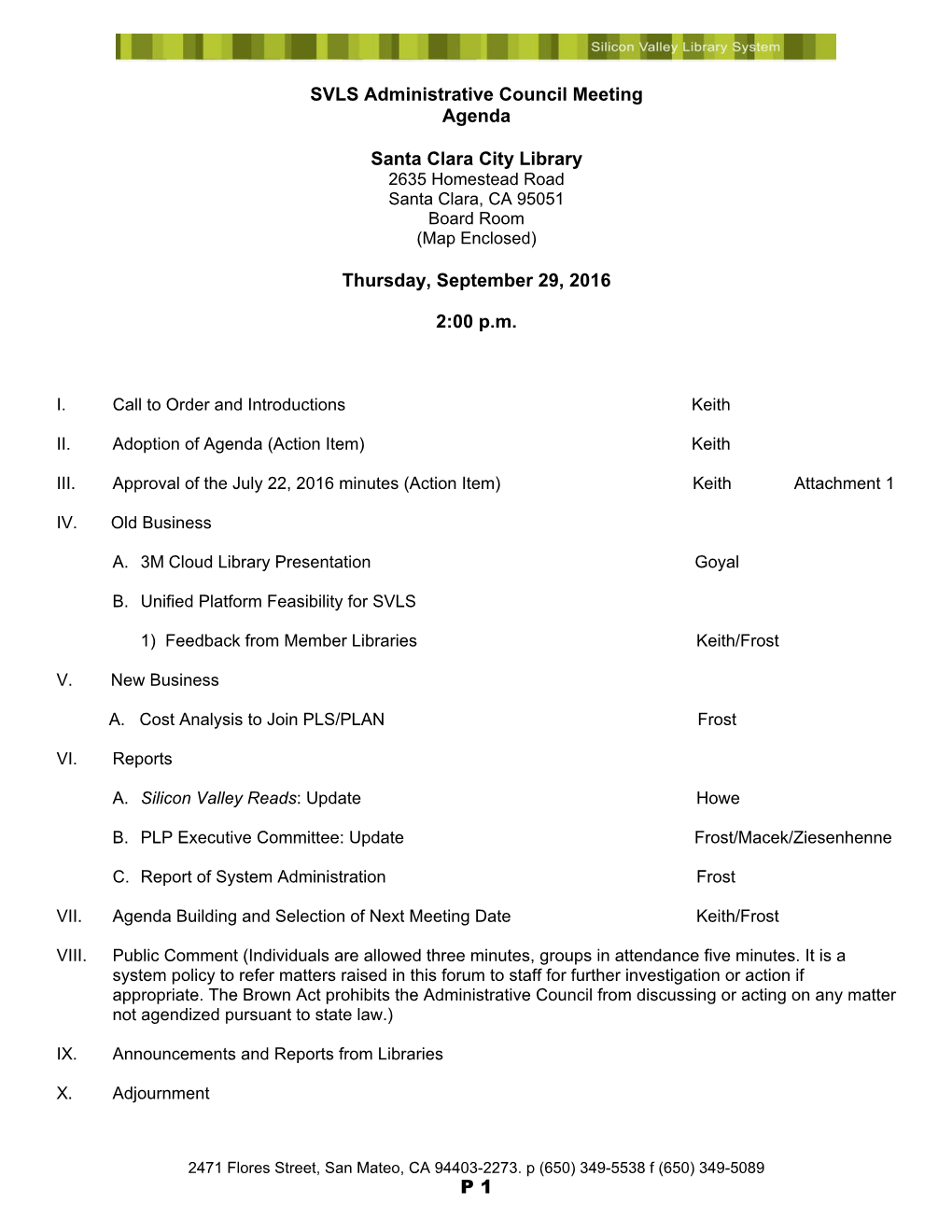 SVLS Administrative Council Meeting Agenda Santa Clara City Library