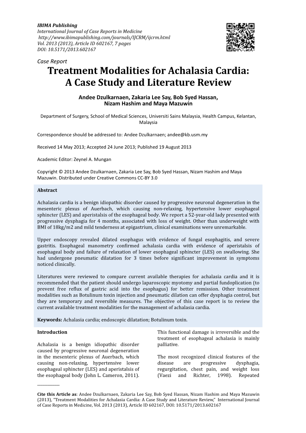 Treatment Modalities for Achalasia Cardia: a Case Study and Literature Review