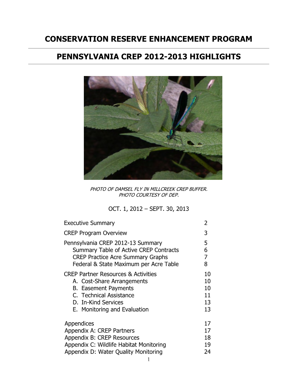 Conservation Reserve Enhancement Program Pennsylvania Crep 2012-2013 Highlights